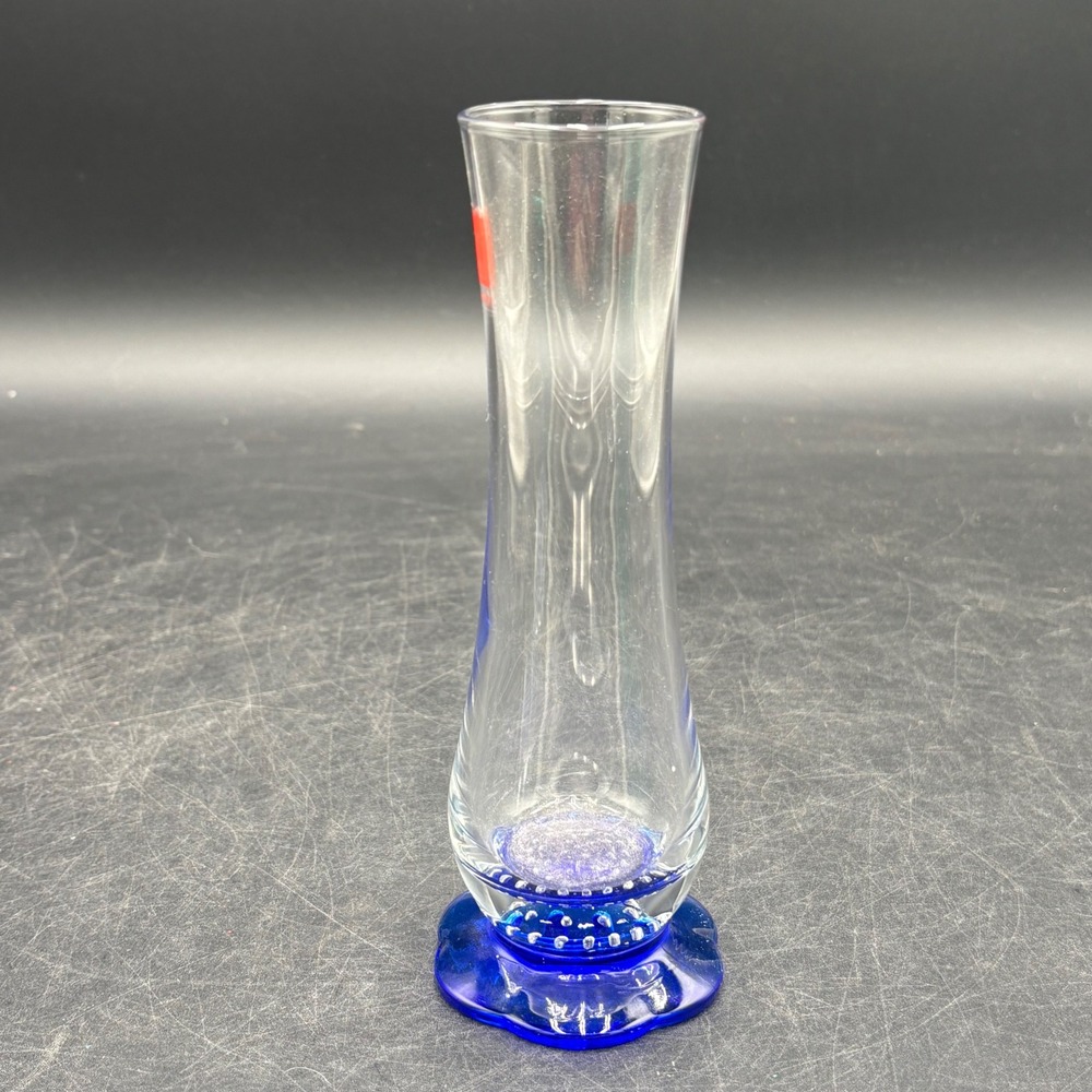 Bormioli Rocco Bud Vase Blue Scalloped Base Controlled Bubble Clear Glass Italy